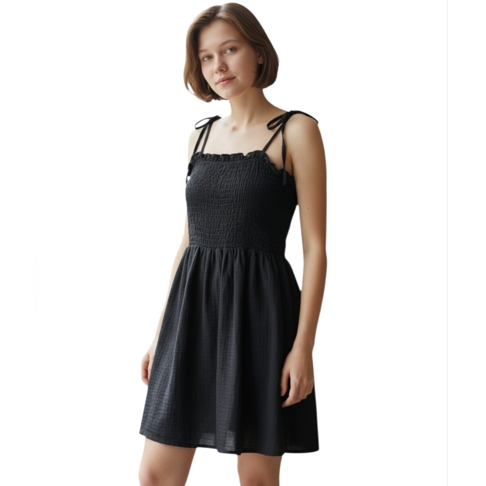 Aqua Girlhood Smocked Black Babydoll Dress with Tie-up Spaghetti Straps Medium